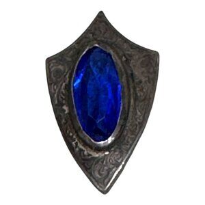 Vintage Sterling Silver Blue Stone Stick Pin Elegant Shield Glass Rhinestone